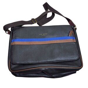 Ted Baker London Messenger Bag Brown Faux Leather Crossbody Blue Stripe Zipper